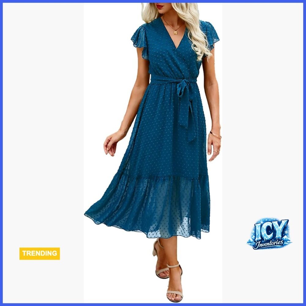 Polyester Midi Dress with V Neck Ruffle Sleeveless A-Line Pleated Hem
